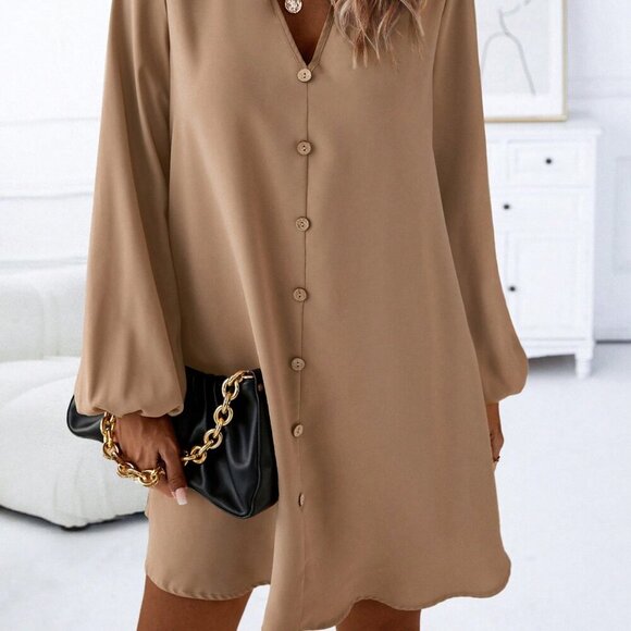 Khaki Casual Women's Notched Neckline Lantern Sleeve Dress - Picture 6 of 6